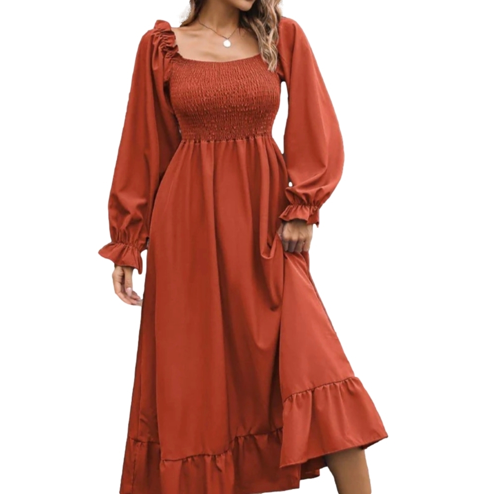 Fall Dress Square Neck Brown Terracotta Sheered Cold Weather Dresses Outfit - Picture 10 of 12